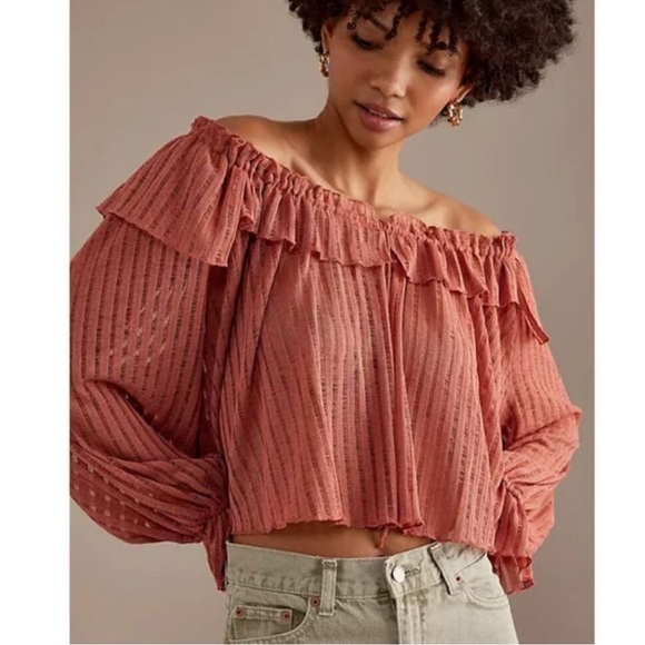 NWT Anthropologie Sheer Ruffled Cropped Long Sleeve Blouse Dark Rose Size S - Picture 1 of 10